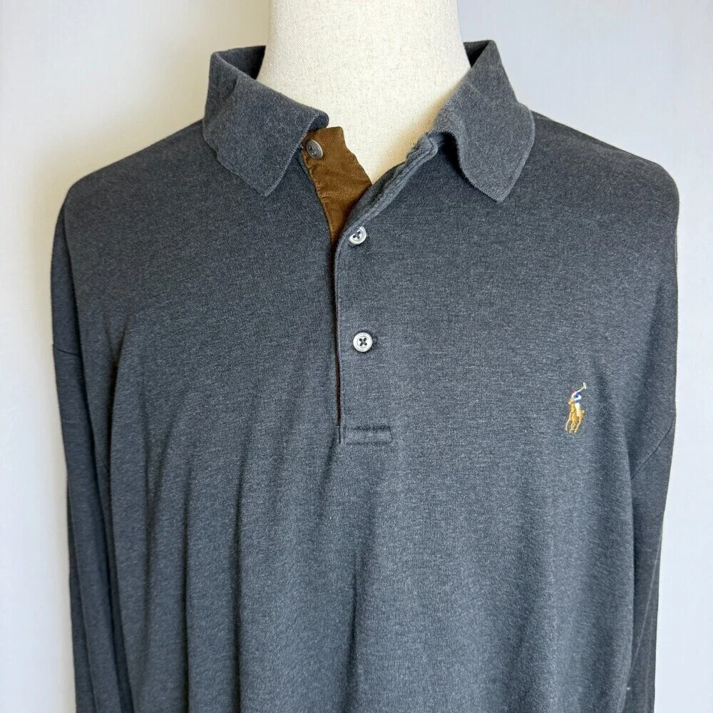 Polo Ralph Lauren Men's Long Sleeve Polo Shirt, Sz 2XLT, Gray 100% Pima Cotton